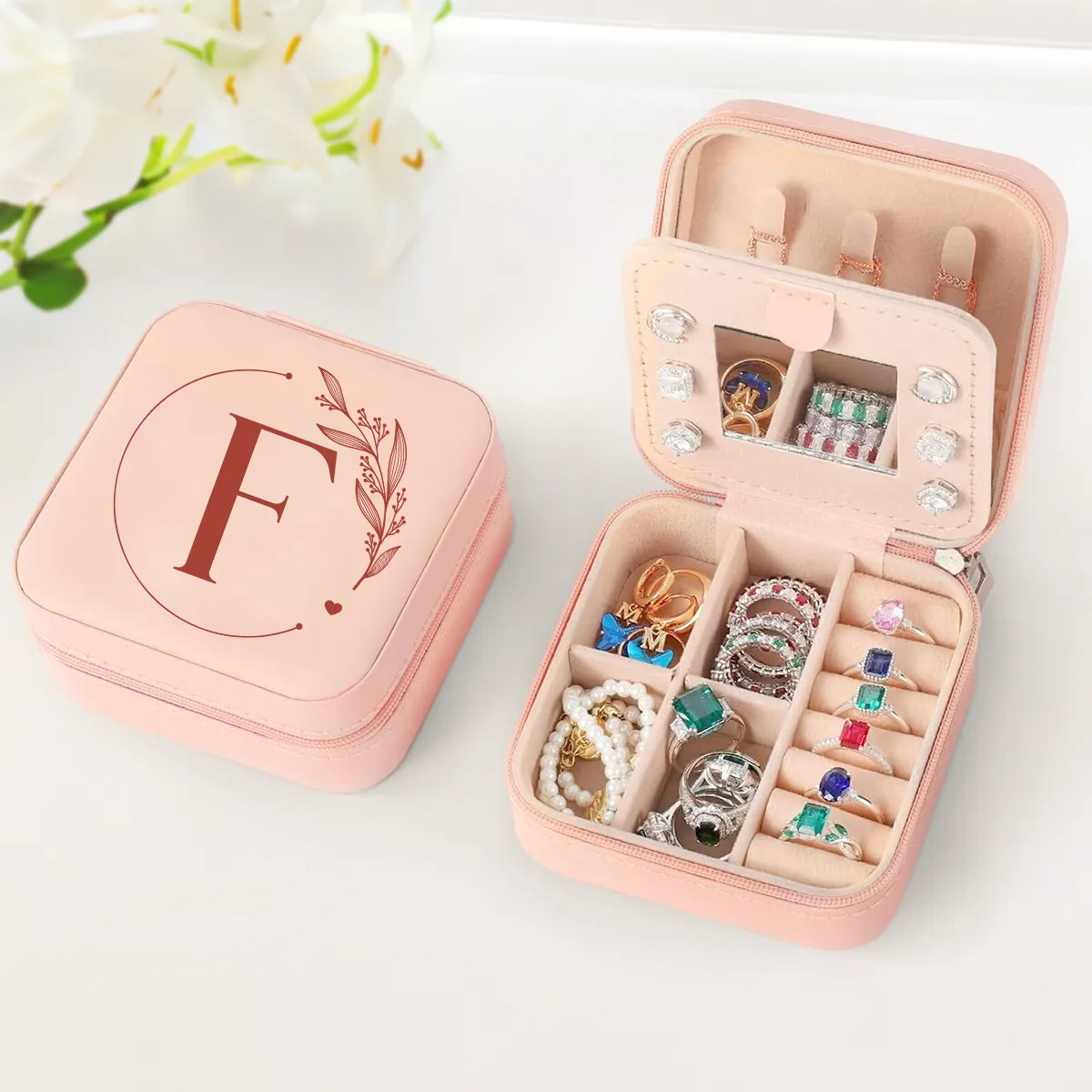 Personalized Jewelry Box, Pink Small Travel Jewelry Box with Initial F, Monogrammed Jewelry Case Organizer for Girls Women Teen, Mini Travel Essentials Gifts for Christmas Birthday