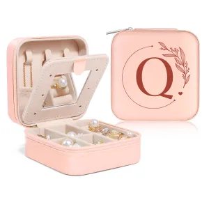 Personalized Jewelry Box, Pink Small Travel Jewelry Box with Initial Q, Monogrammed Jewelry Case Organizer for Girls Women Teen, Mini Travel Essentials Gifts for Christmas Birthday