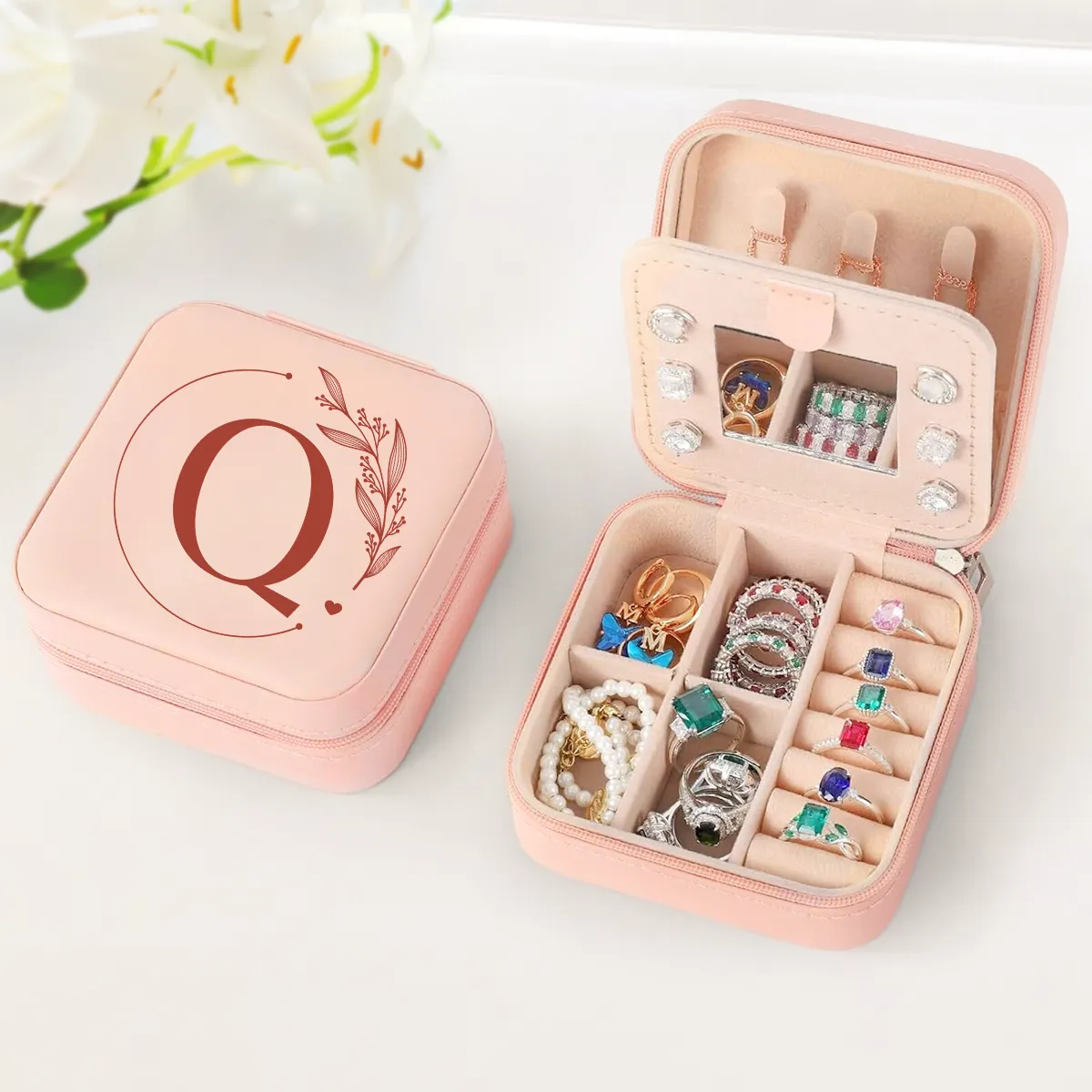 Personalized Jewelry Box, Pink Small Travel Jewelry Box with Initial Q, Monogrammed Jewelry Case Organizer for Girls Women Teen, Mini Travel Essentials Gifts for Christmas Birthday