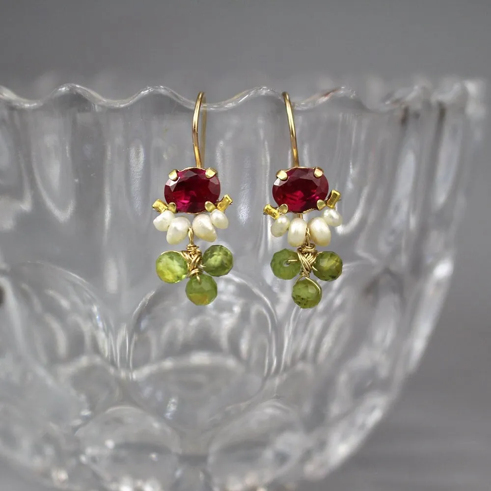 Pink Zircon Corundum Pearl Peridot Clover Earrings