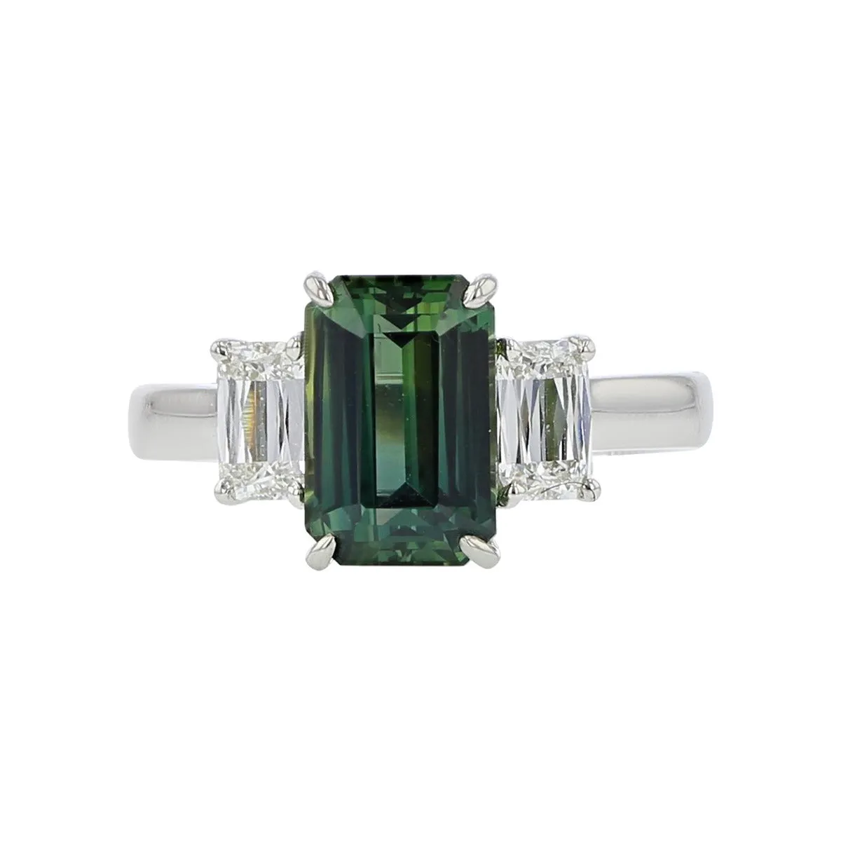 Rectangular Cushion Green Sapphire and Ashoka Diamond Ring