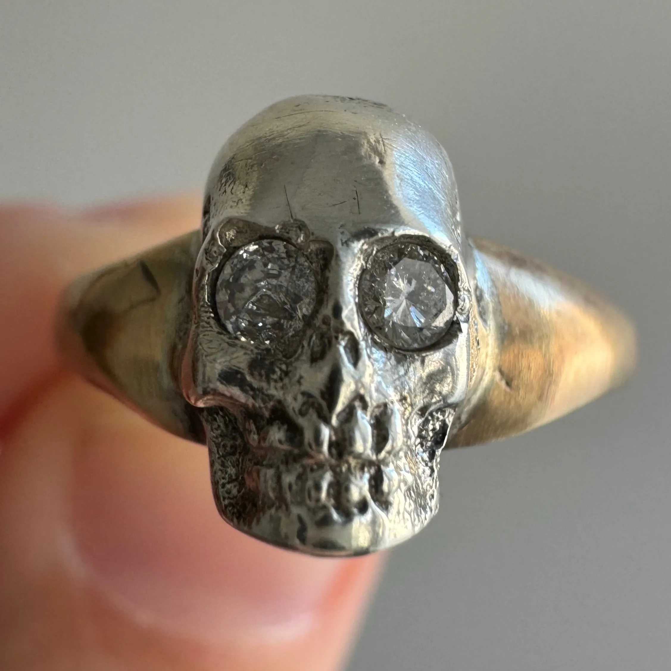 reimagined V I N T A G E // bicolor Memento Mori / 9ct and sterling silver signet ring with diamonds / a skull ring / size 7 to 7.25