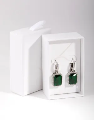 Rhodium Diamond Simulant Emerald Rectangle Huggie Earrings