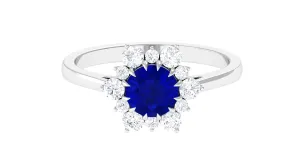 Round Cut Created Blue Sapphire Classic Halo Engagement Ring with Moissanite