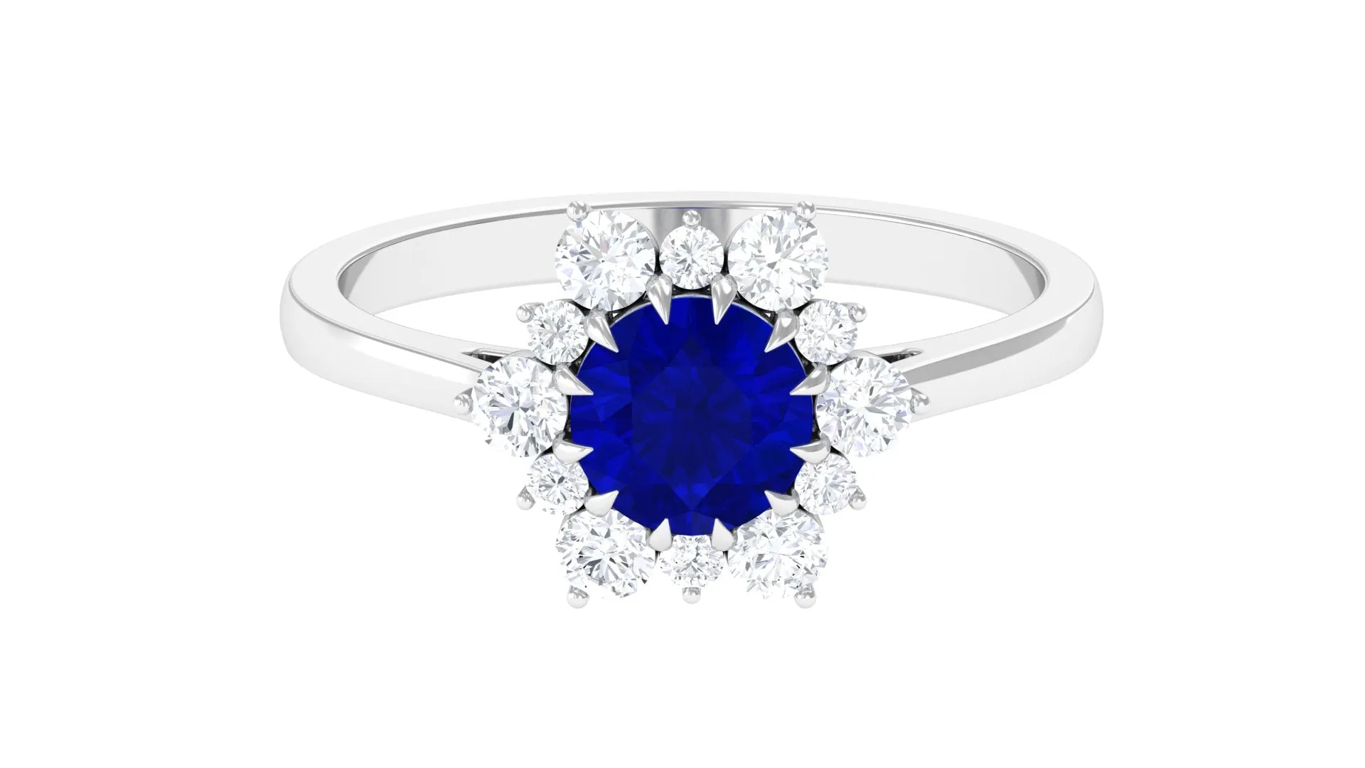 Round Cut Created Blue Sapphire Classic Halo Engagement Ring with Moissanite