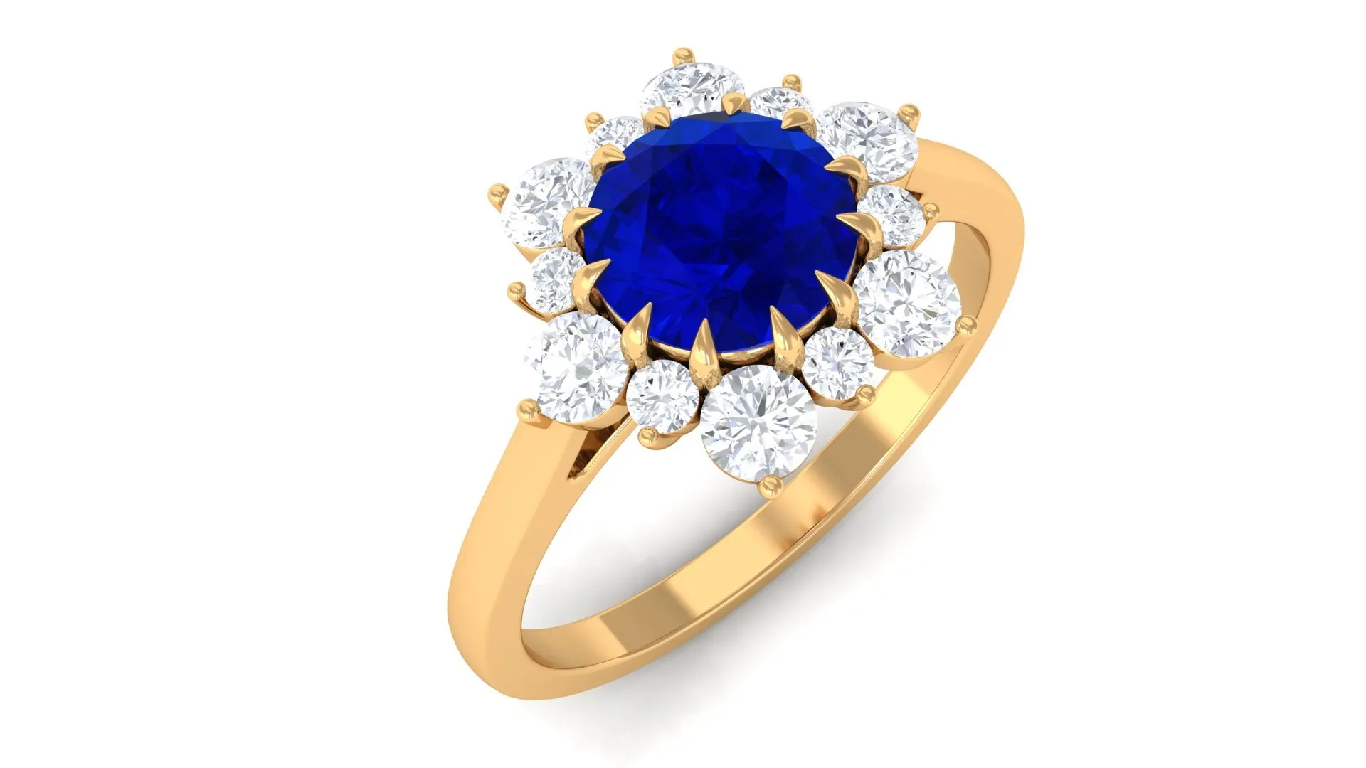 Round Cut Created Blue Sapphire Classic Halo Engagement Ring with Moissanite