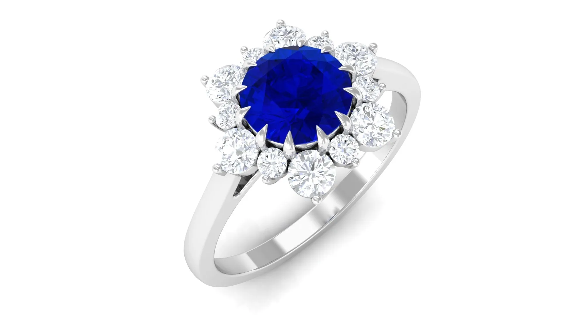 Round Cut Created Blue Sapphire Classic Halo Engagement Ring with Moissanite