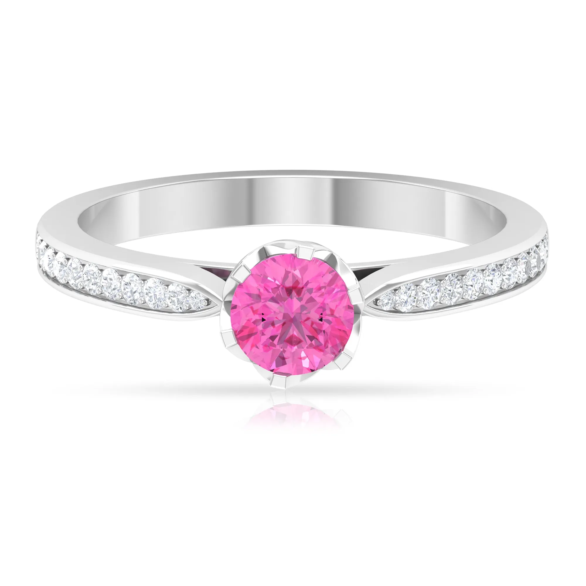 Round Cut Pink Sapphire Solitaire Engagement Ring with Diamond