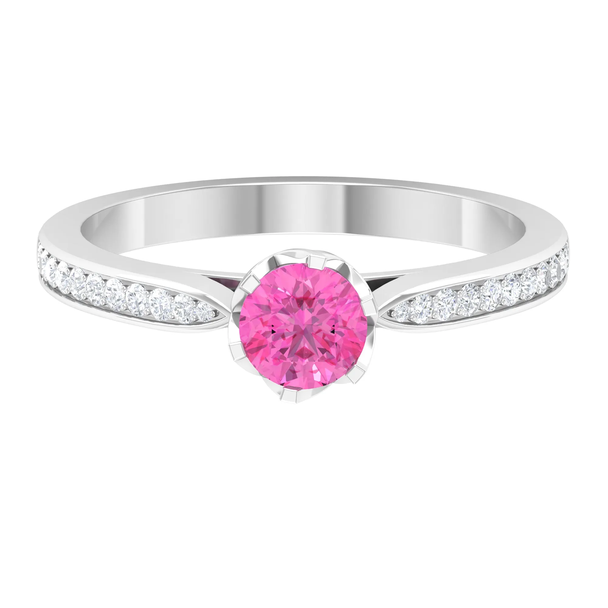 Round Cut Pink Sapphire Solitaire Engagement Ring with Diamond