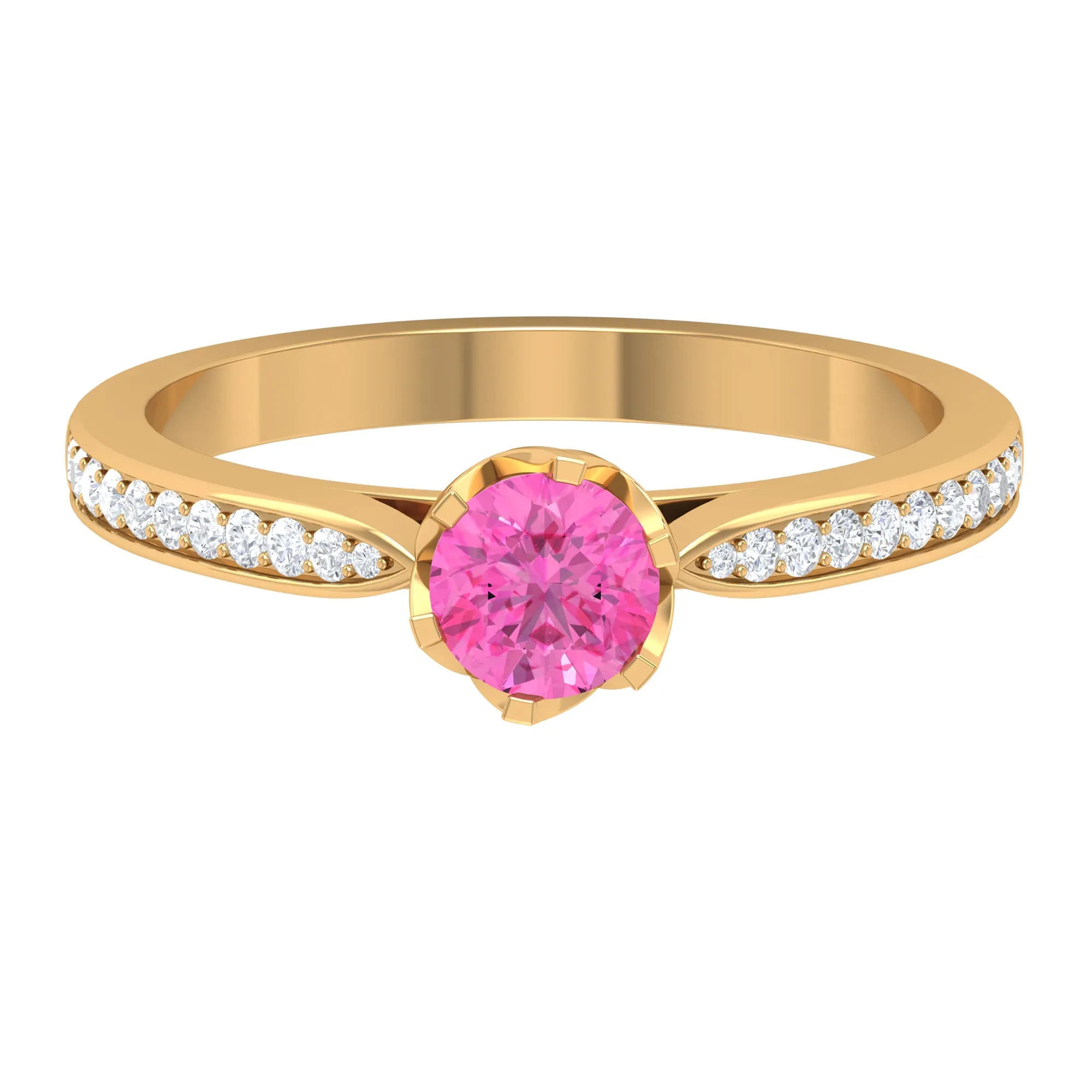 Round Cut Pink Sapphire Solitaire Engagement Ring with Diamond