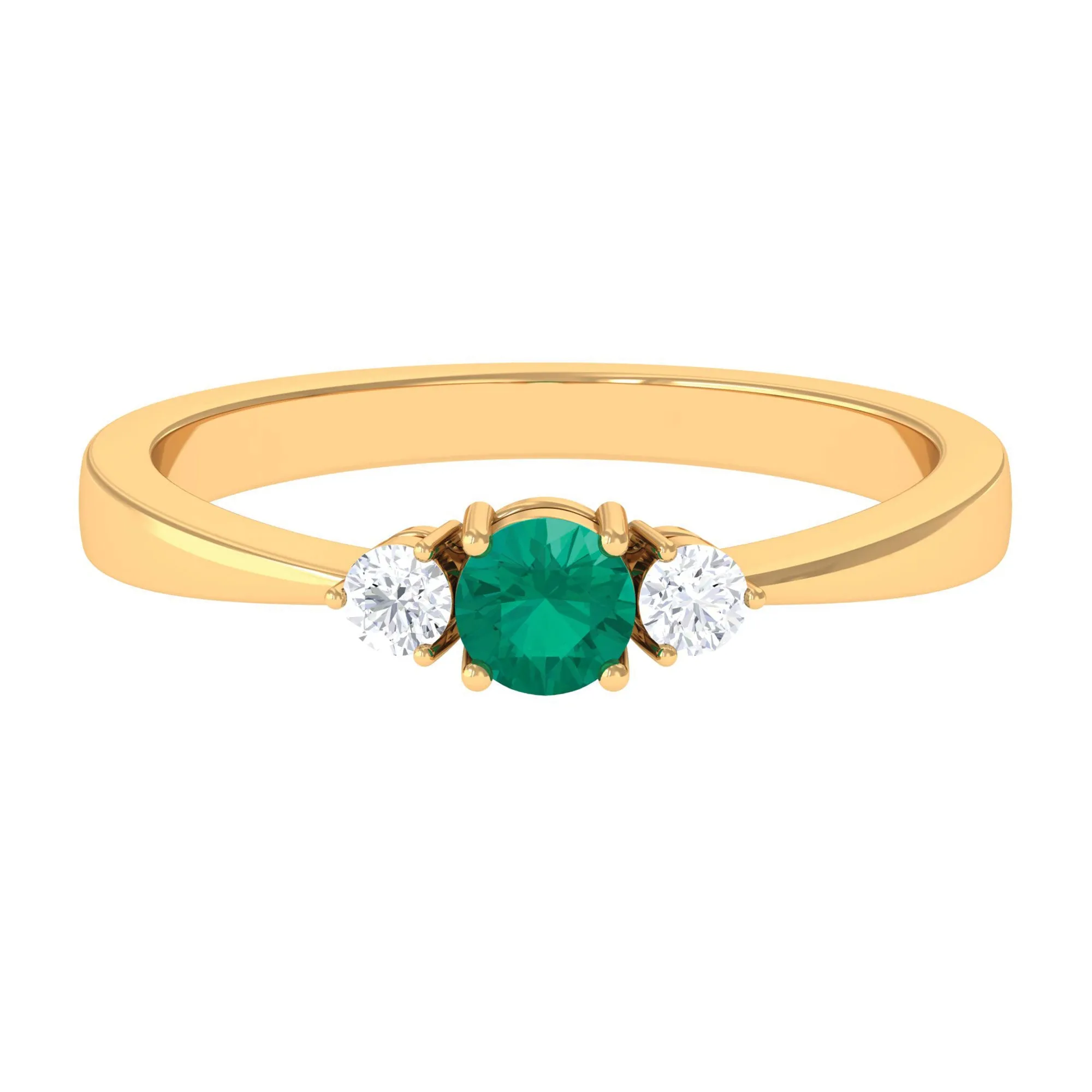 Round Shape Real Emerald and Diamond Three Stone Promise Ring