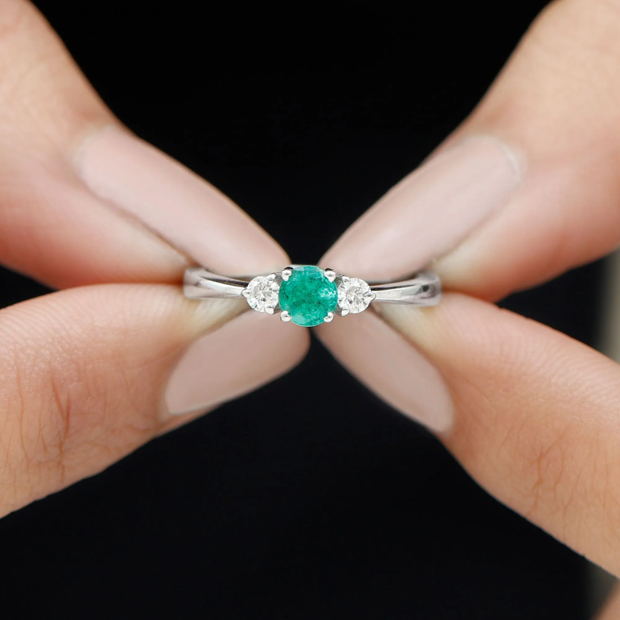 Round Shape Real Emerald and Diamond Three Stone Promise Ring