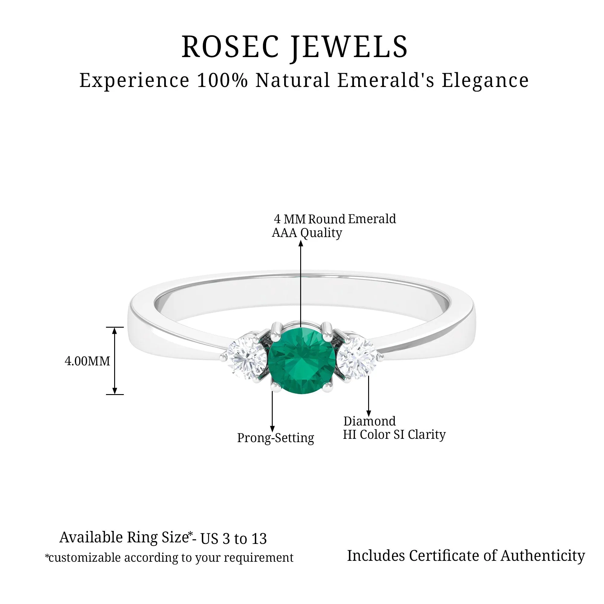 Round Shape Real Emerald and Diamond Three Stone Promise Ring