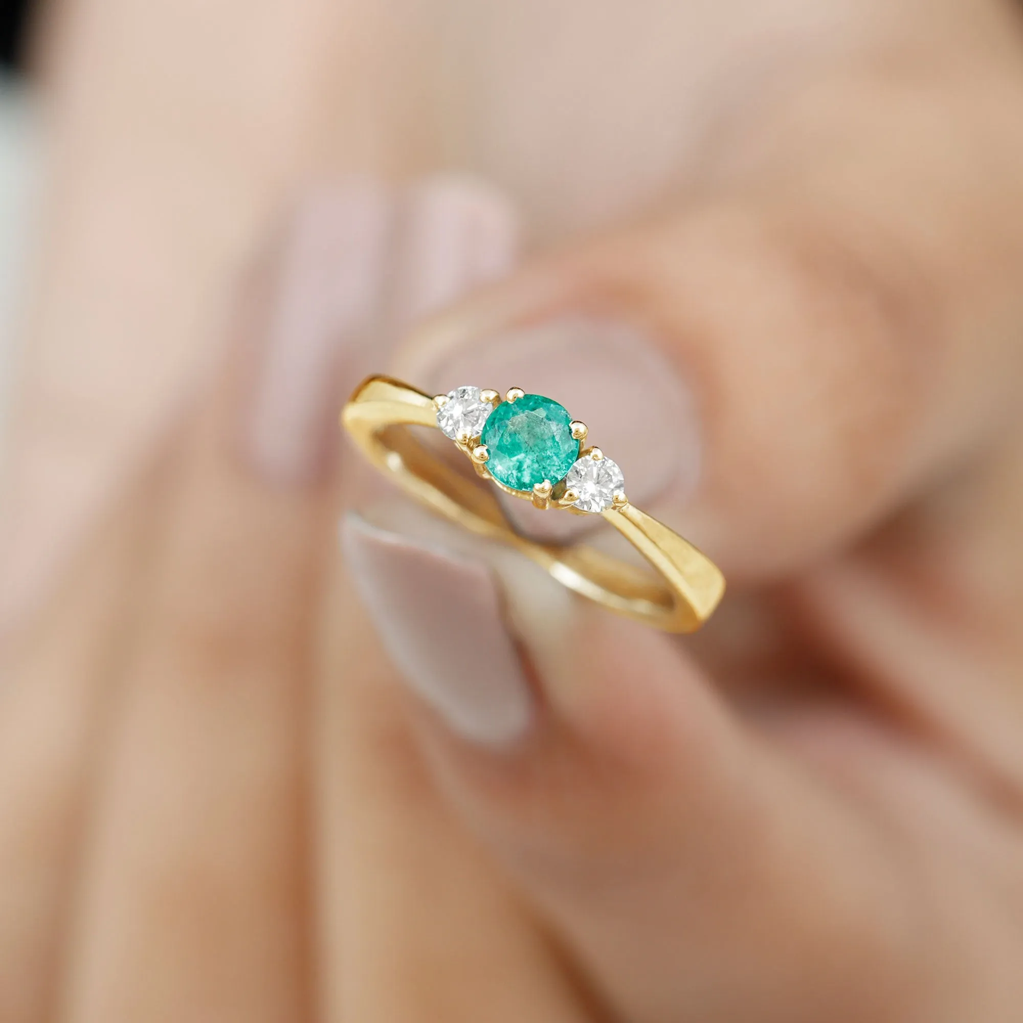 Round Shape Real Emerald and Diamond Three Stone Promise Ring