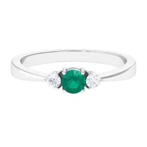 Round Shape Real Emerald and Diamond Three Stone Promise Ring