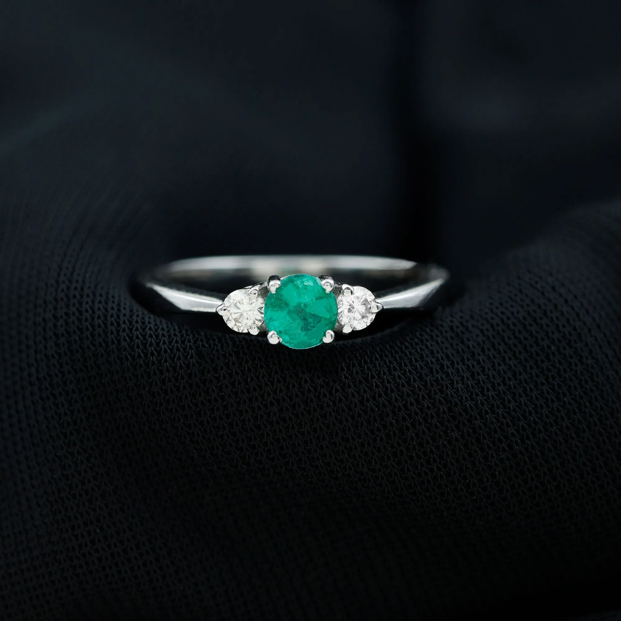 Round Shape Real Emerald and Diamond Three Stone Promise Ring