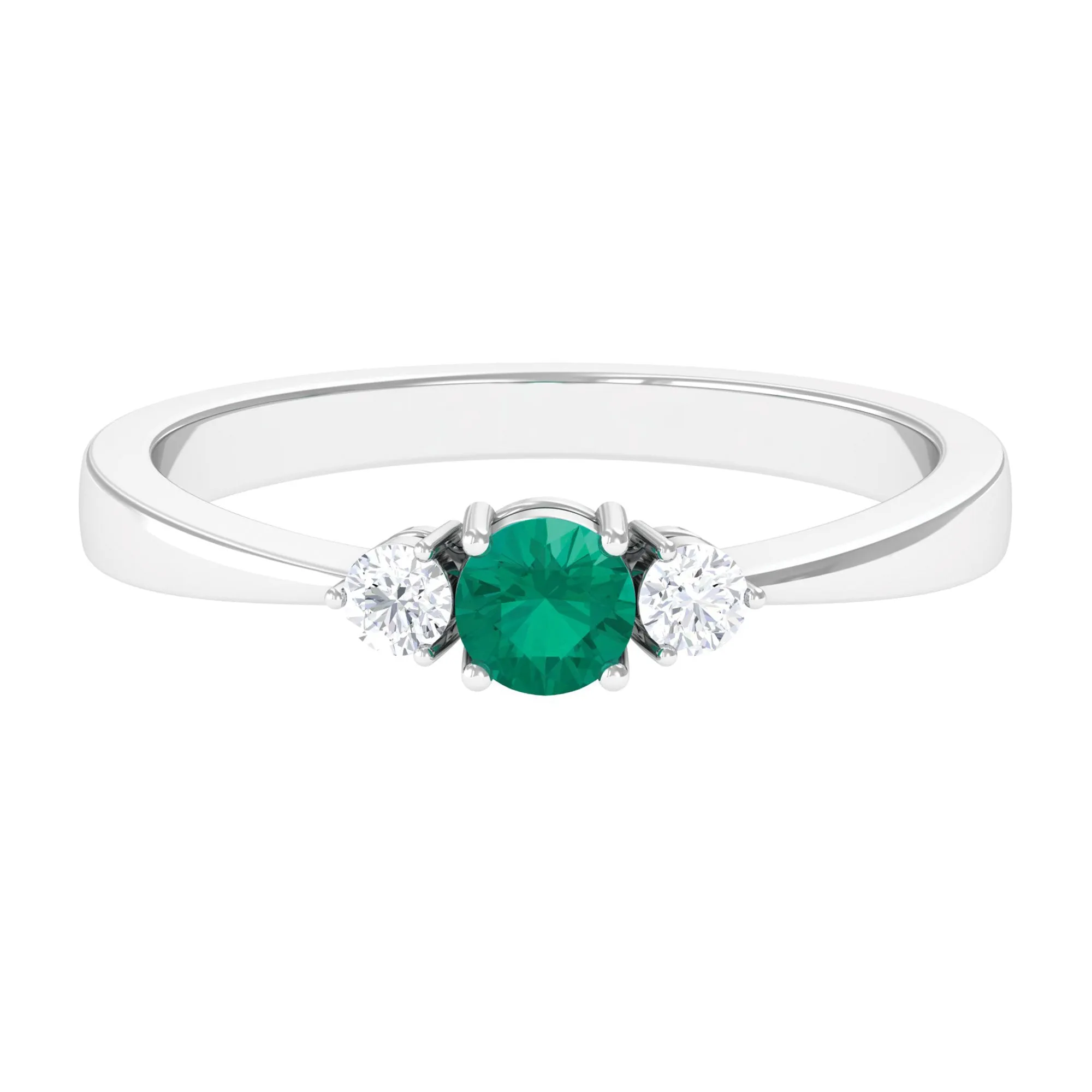 Round Shape Real Emerald and Diamond Three Stone Promise Ring