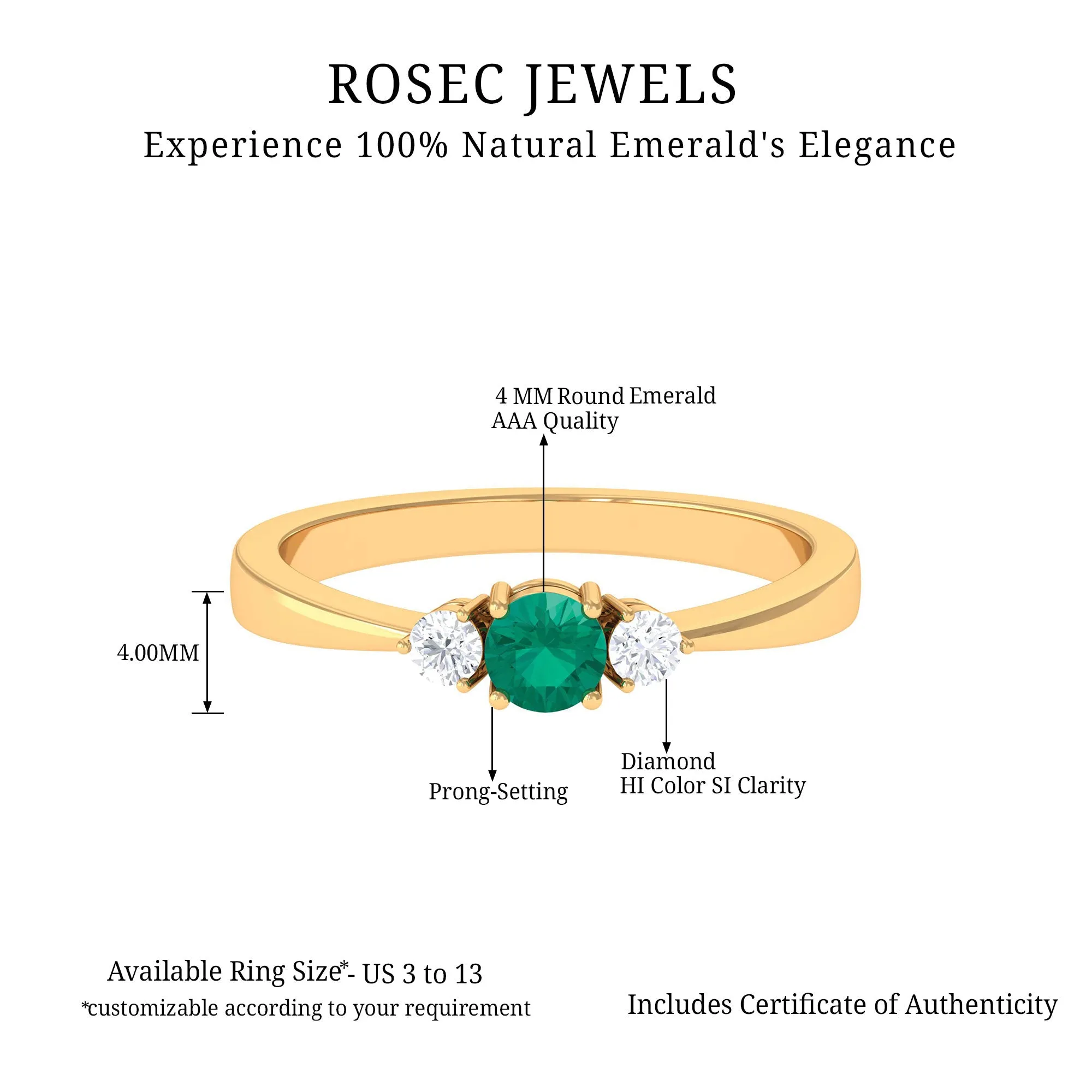 Round Shape Real Emerald and Diamond Three Stone Promise Ring