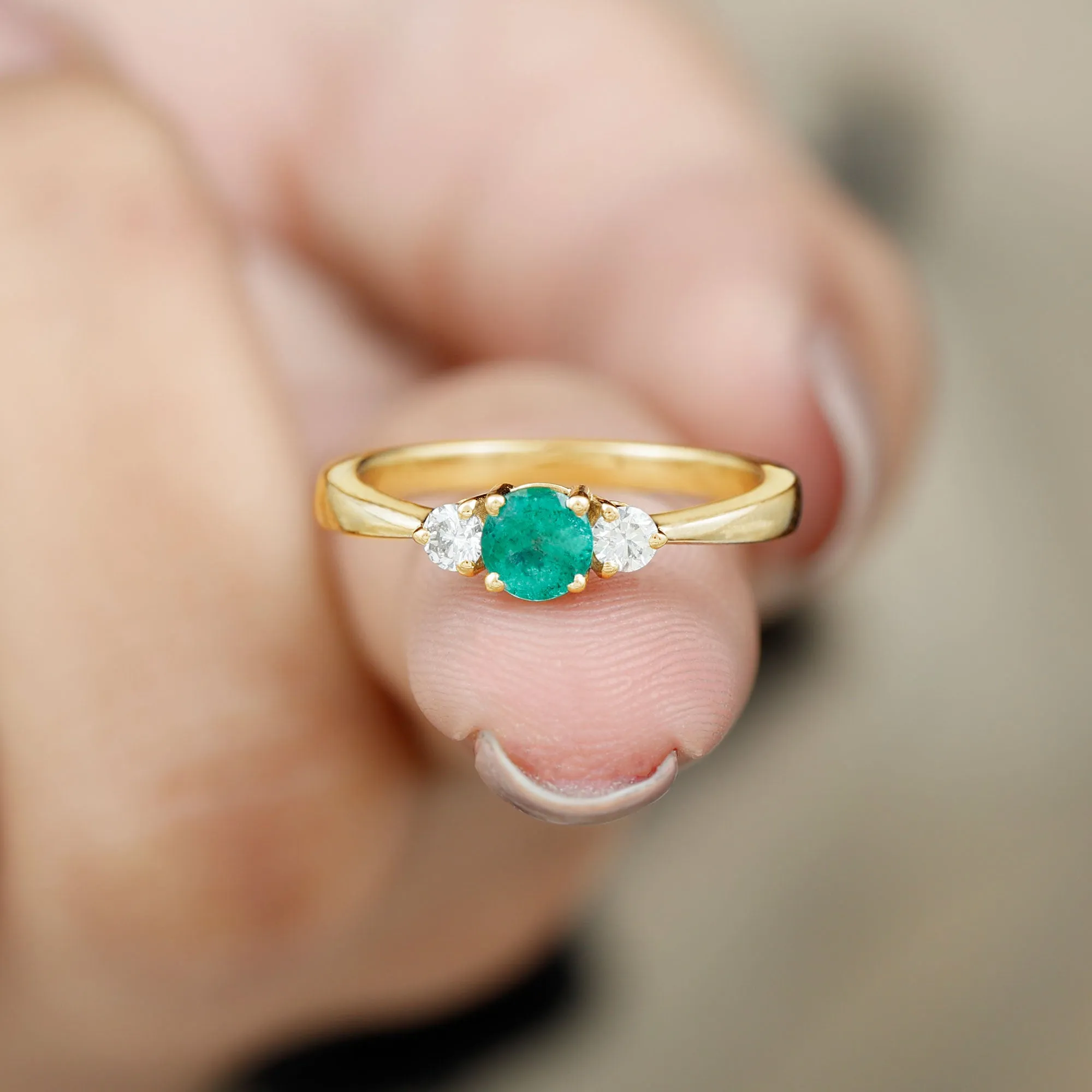 Round Shape Real Emerald and Diamond Three Stone Promise Ring