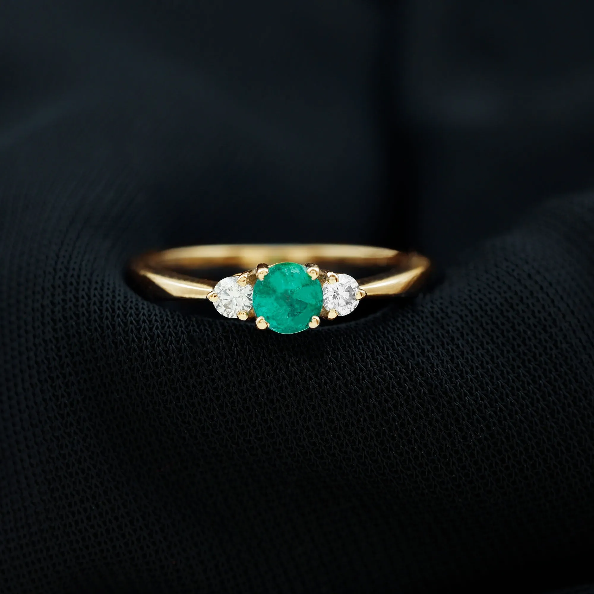 Round Shape Real Emerald and Diamond Three Stone Promise Ring