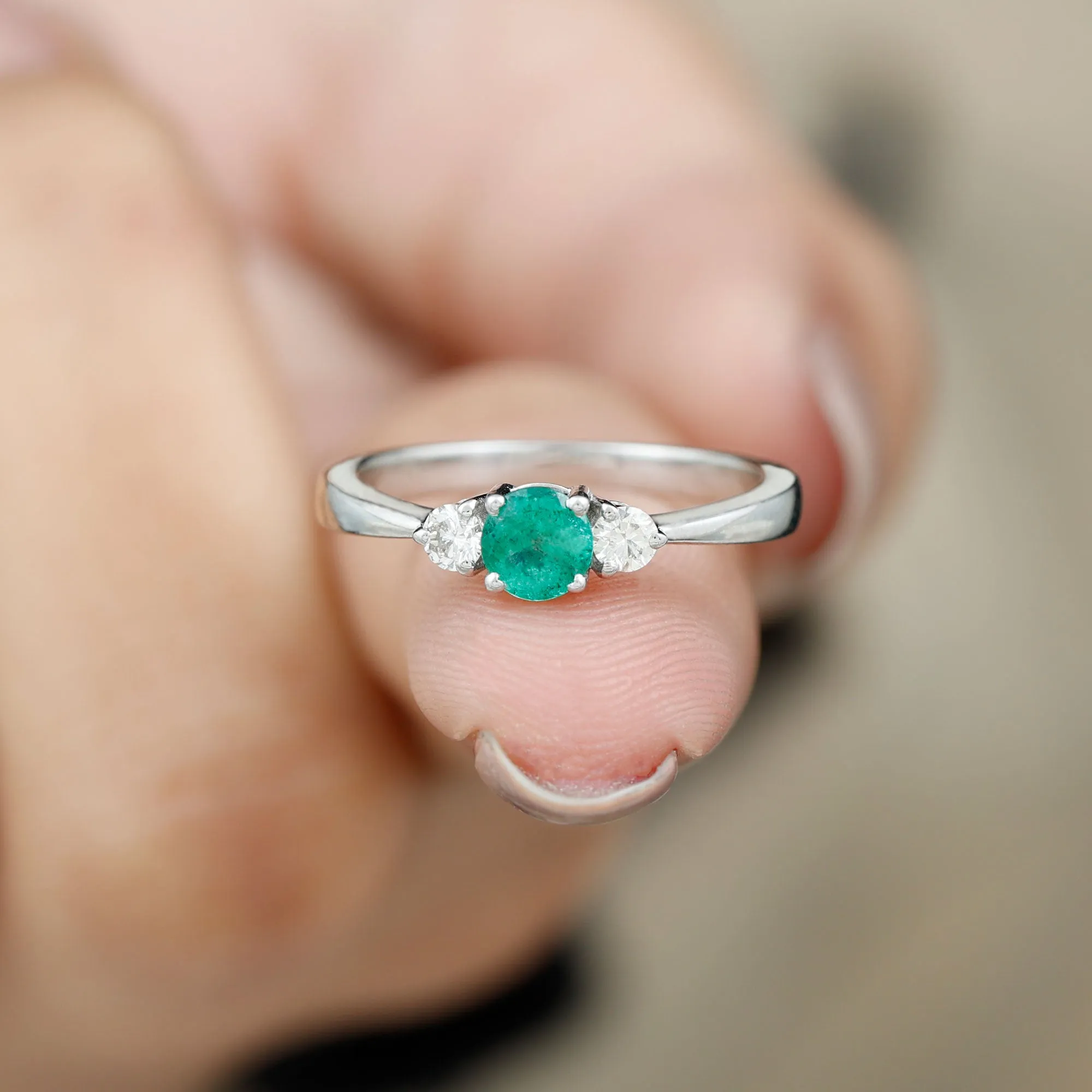 Round Shape Real Emerald and Diamond Three Stone Promise Ring