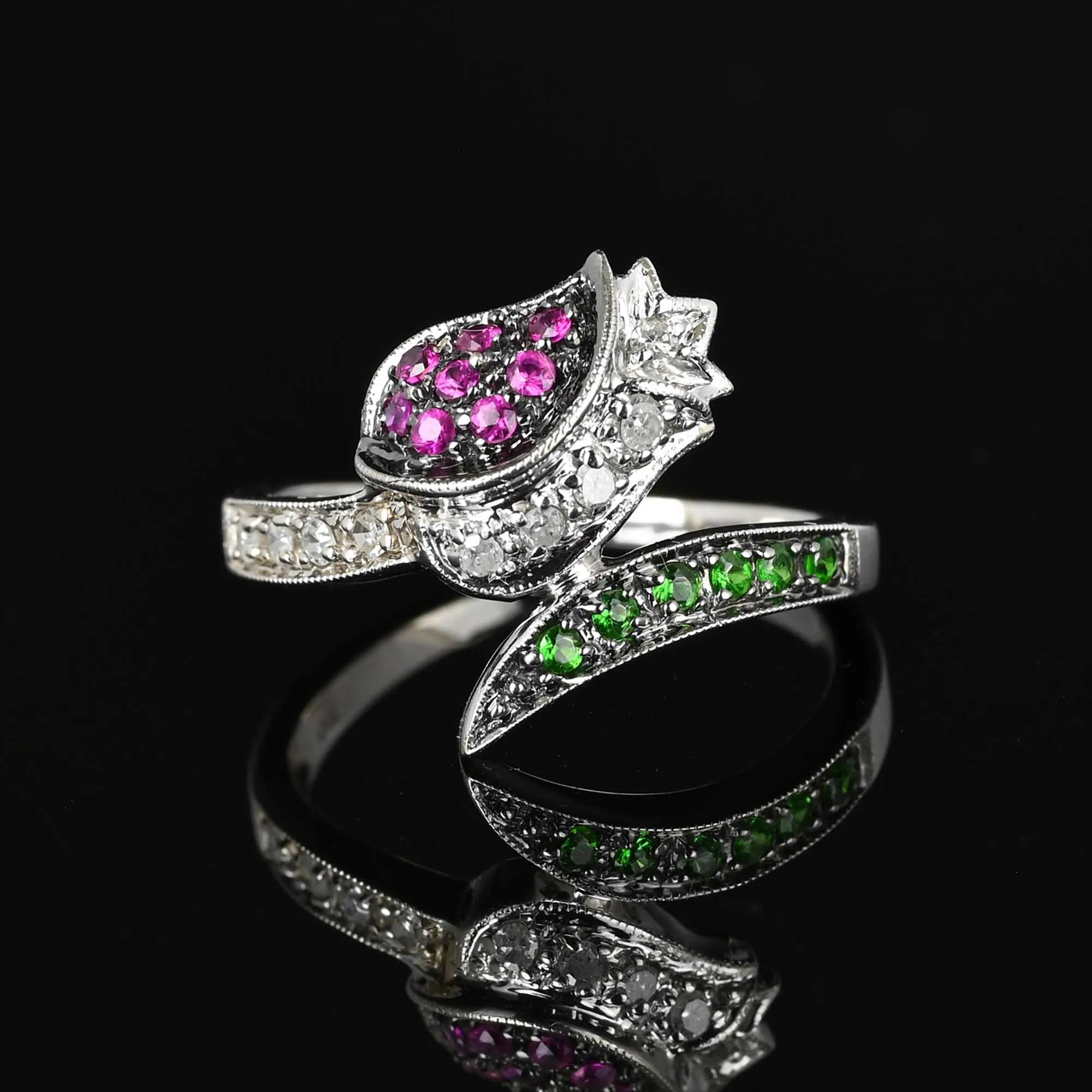 Ruby Diamond Green Sapphire Tulip Ring in 14K White Gold