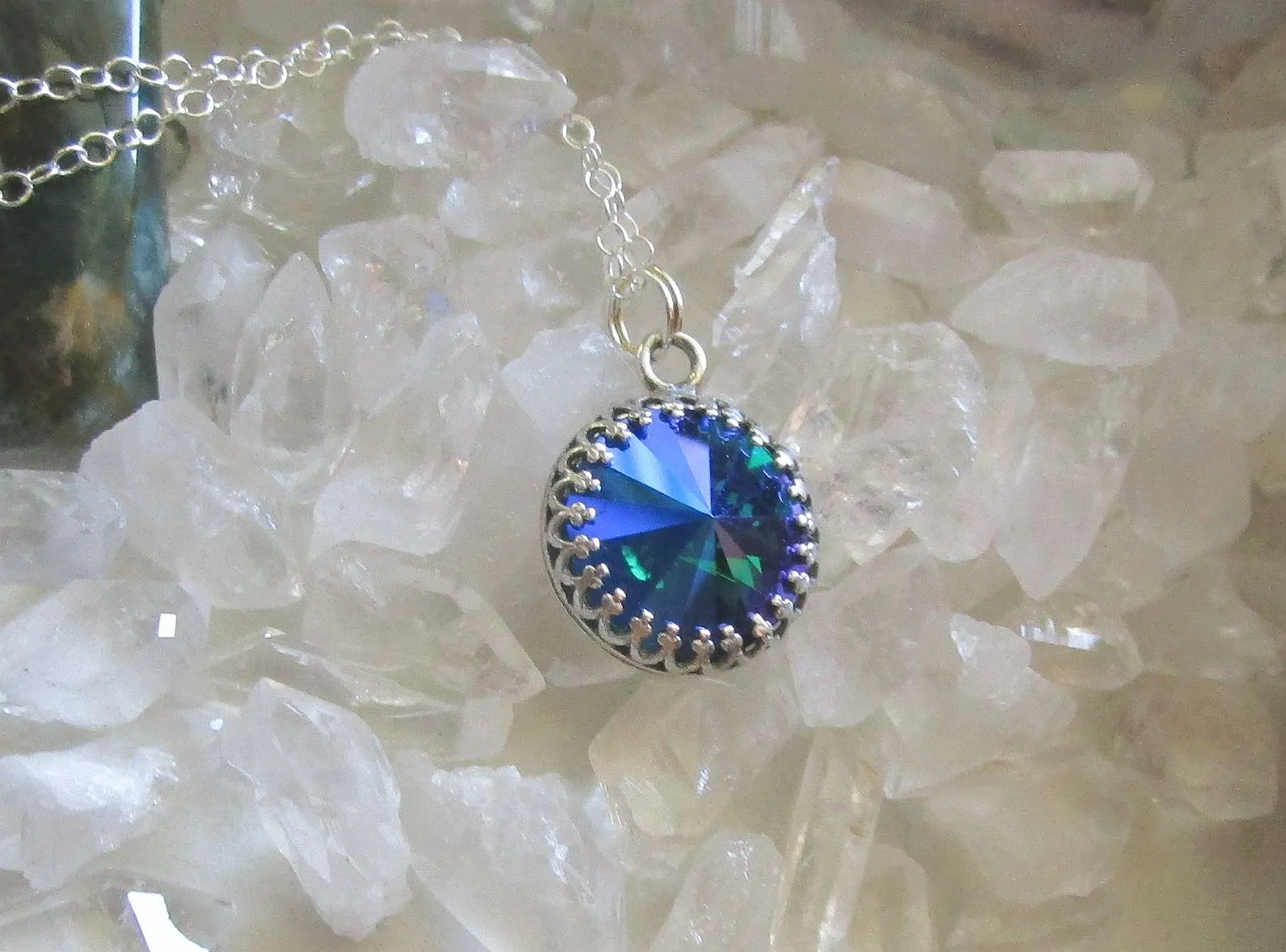 Sapphire Glacier Blue Rivoli Crystal Sterling Silver Pendant Necklace