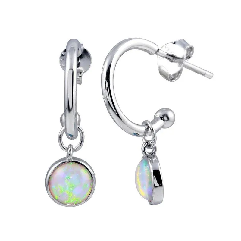 Silver 925 Rhodium Plated Semi Hoop Dangling Pink Opal