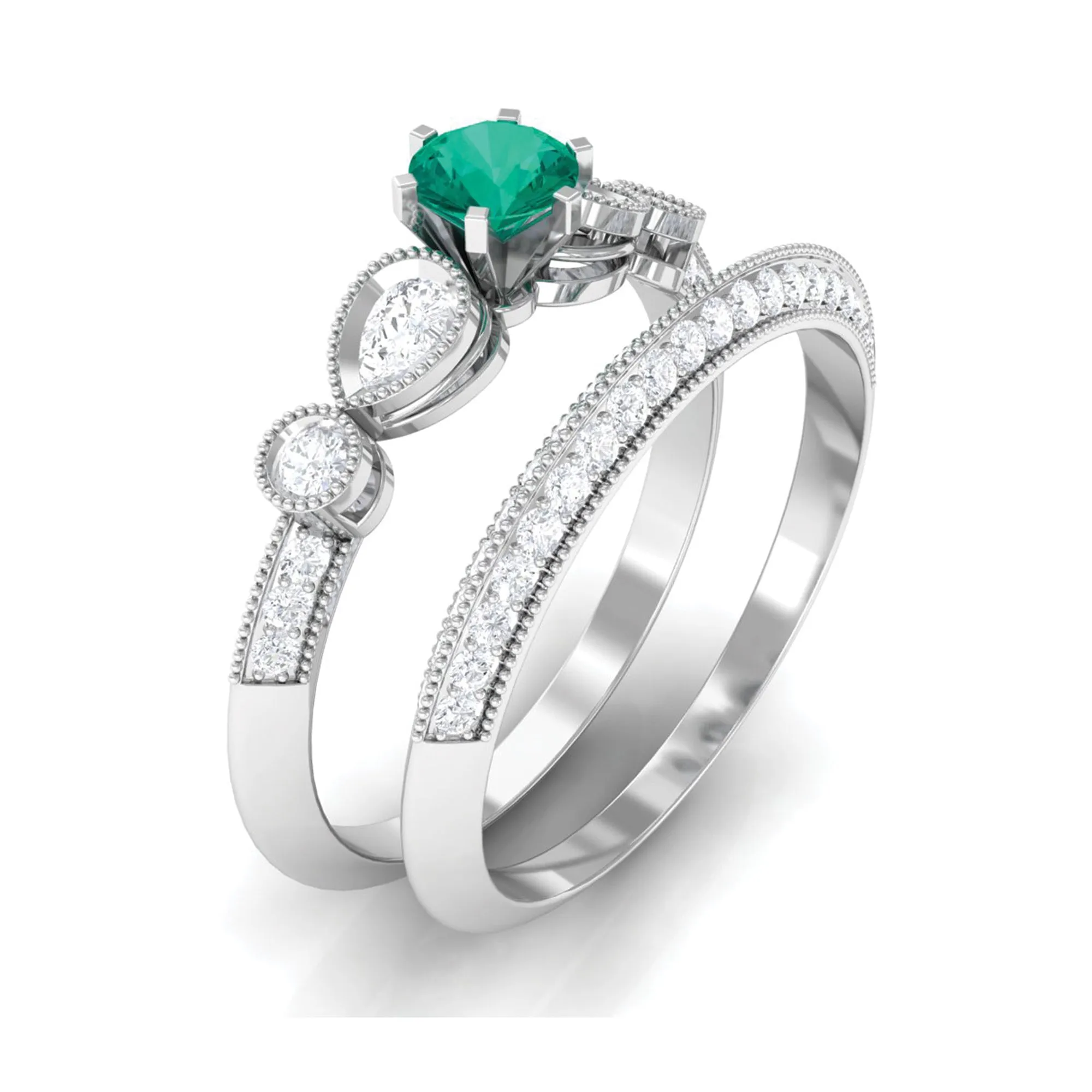 Solitaire Emerald and Diamond Engagement Ring Set