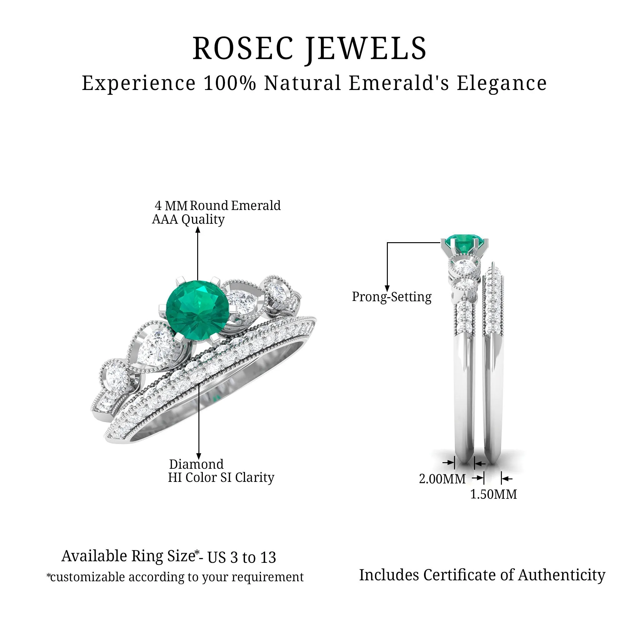 Solitaire Emerald and Diamond Engagement Ring Set