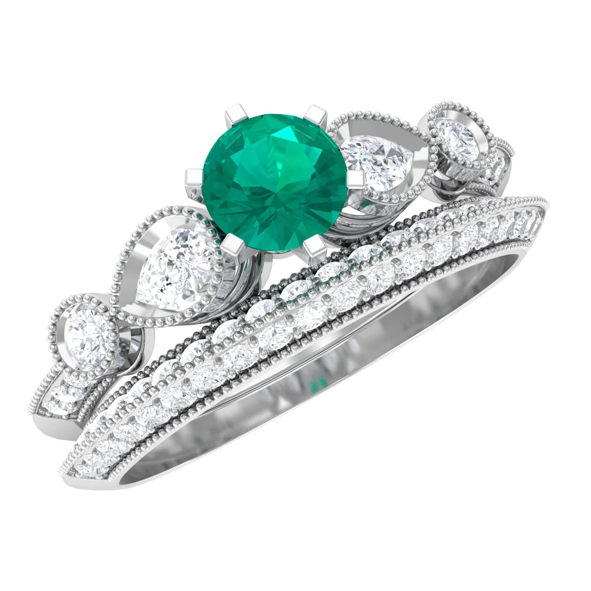 Solitaire Emerald and Diamond Engagement Ring Set