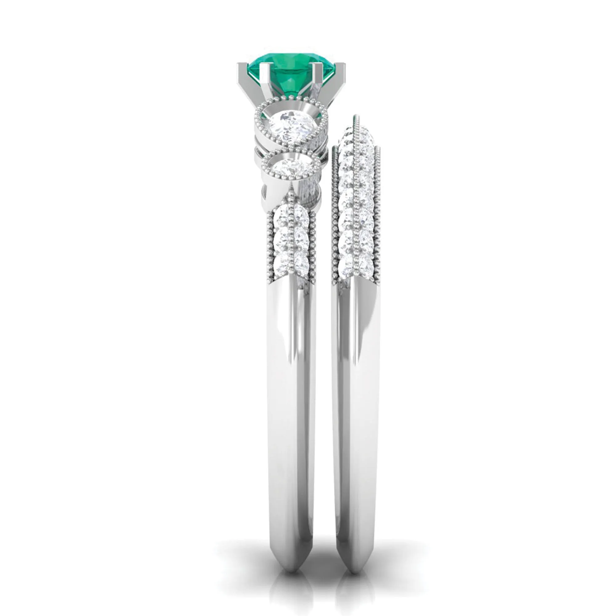 Solitaire Emerald and Diamond Engagement Ring Set