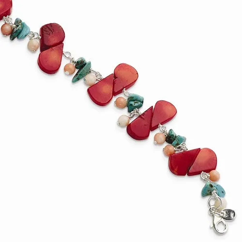 Sterling Silver Pink & Red Coral & Turquoise Bracelet