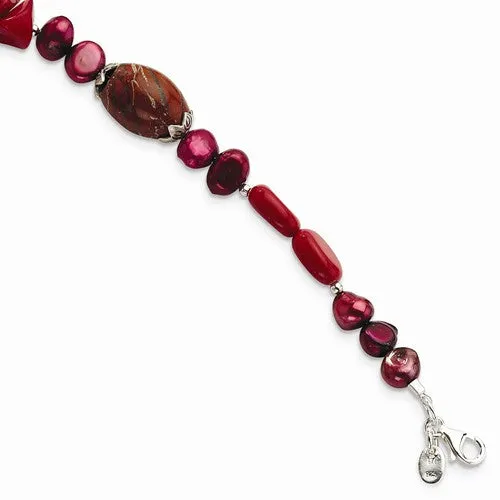 Sterling Silver Red Coral Fw Cultured Pearl Agate  Bracelet