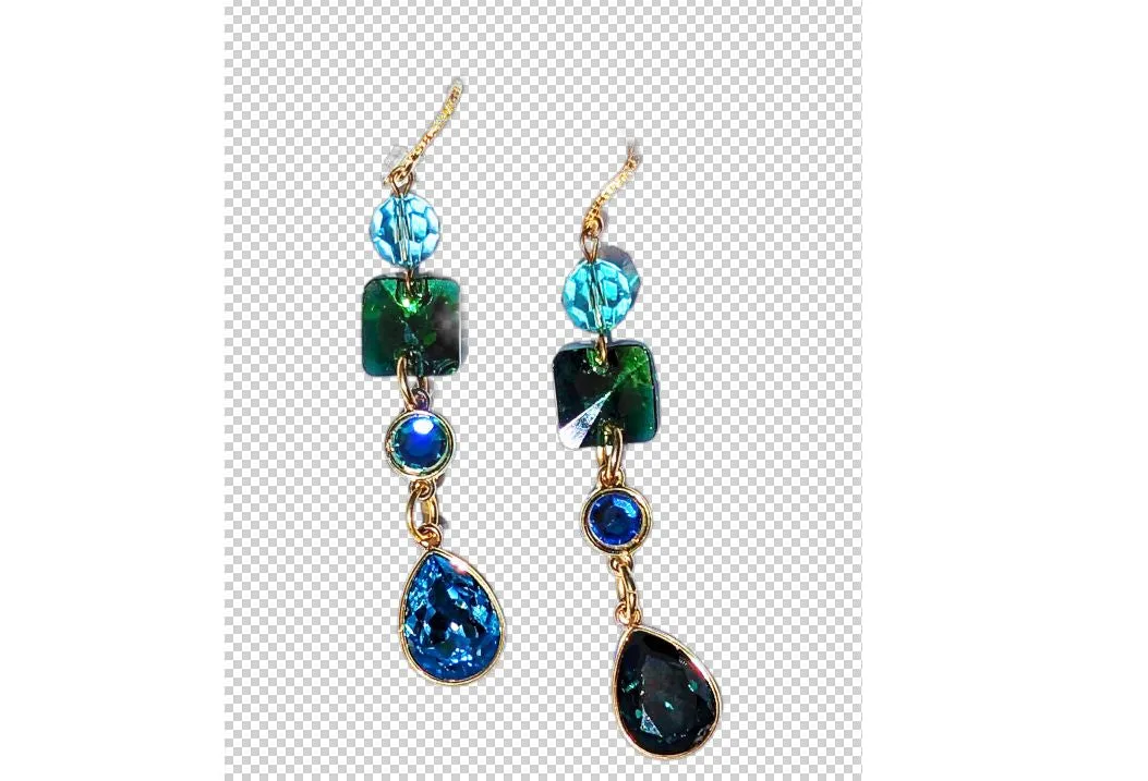 Swarovski Earrings Sparkle in multi colors Emerald, Light Turquoise, Fern Green, Capri Blue   Gold plated settings Gay Isber one of one