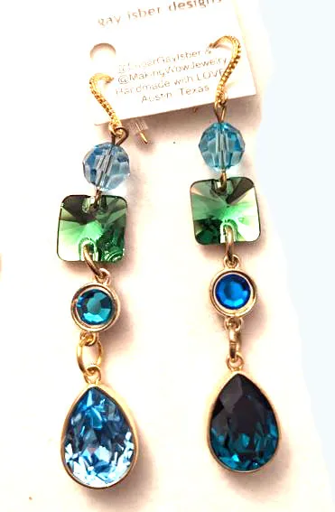 Swarovski Earrings Sparkle in multi colors Emerald, Light Turquoise, Fern Green, Capri Blue   Gold plated settings Gay Isber one of one