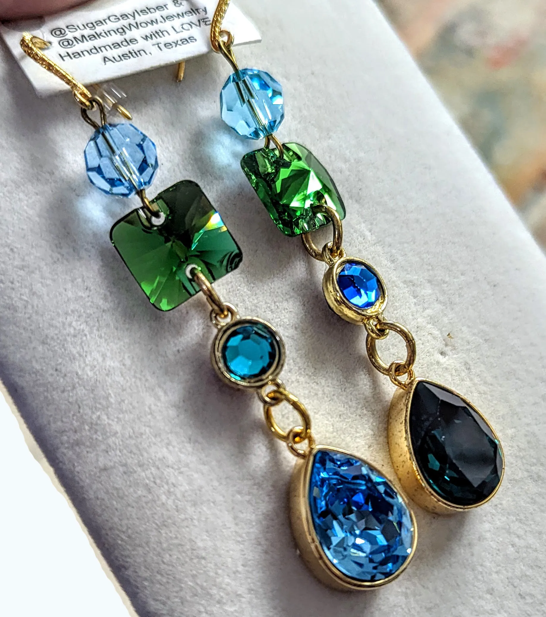 Swarovski Earrings Sparkle in multi colors Emerald, Light Turquoise, Fern Green, Capri Blue   Gold plated settings Gay Isber one of one