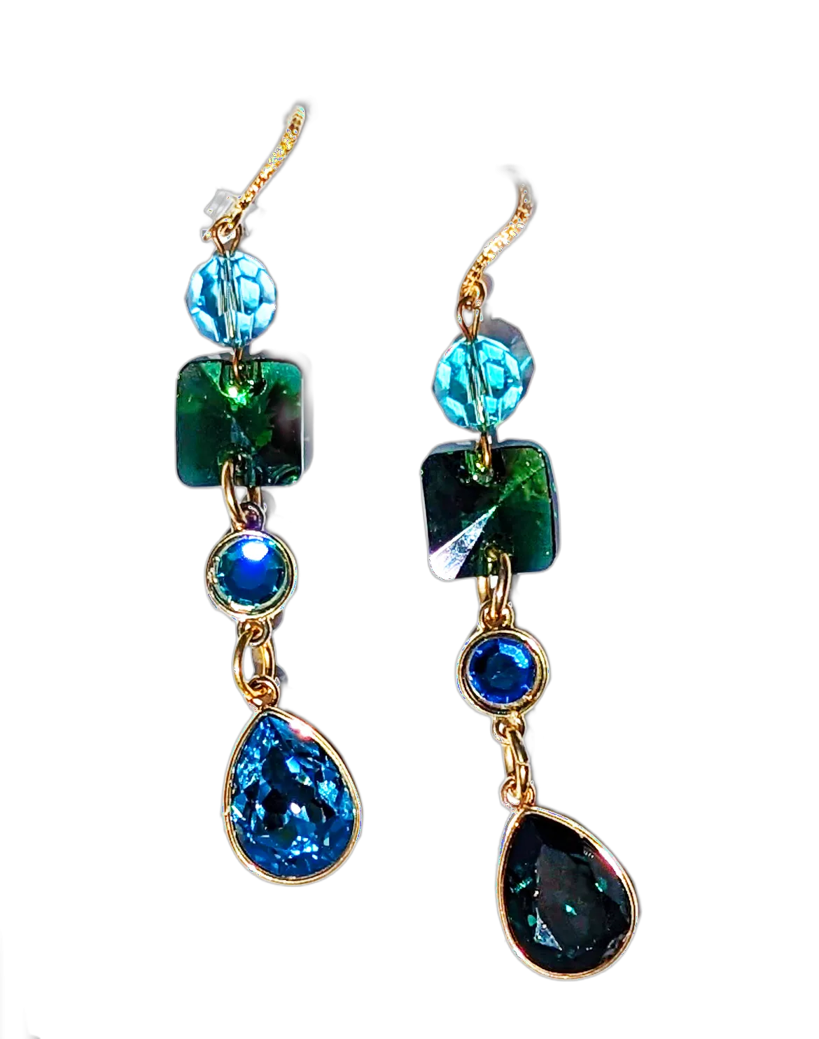 Swarovski Earrings Sparkle in multi colors Emerald, Light Turquoise, Fern Green, Capri Blue   Gold plated settings Gay Isber one of one