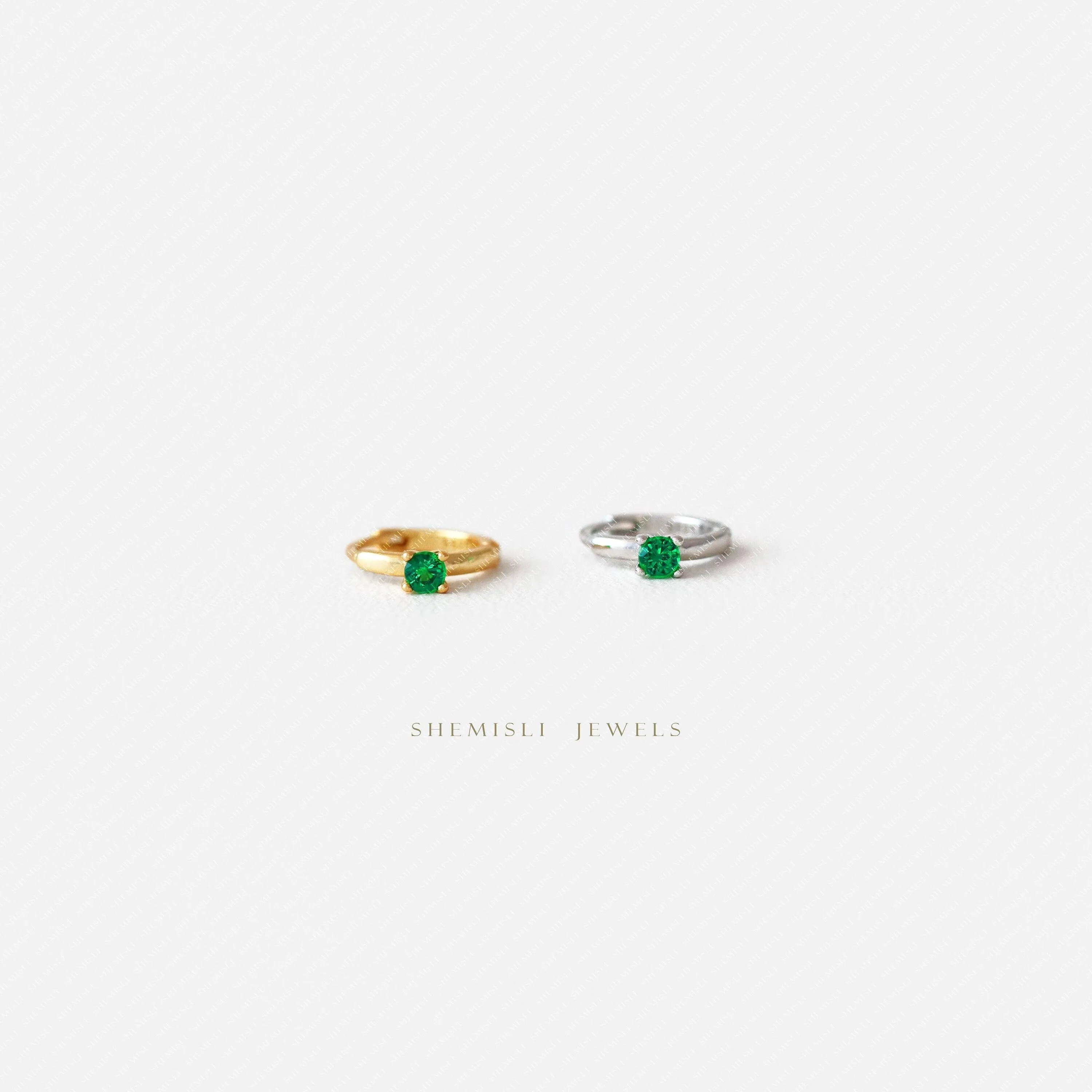 Tiny Emerald CZ Stone Helix Hoop Earrings, Gold, Silver SHEMISLI SH626, SH627, SH628, SH629