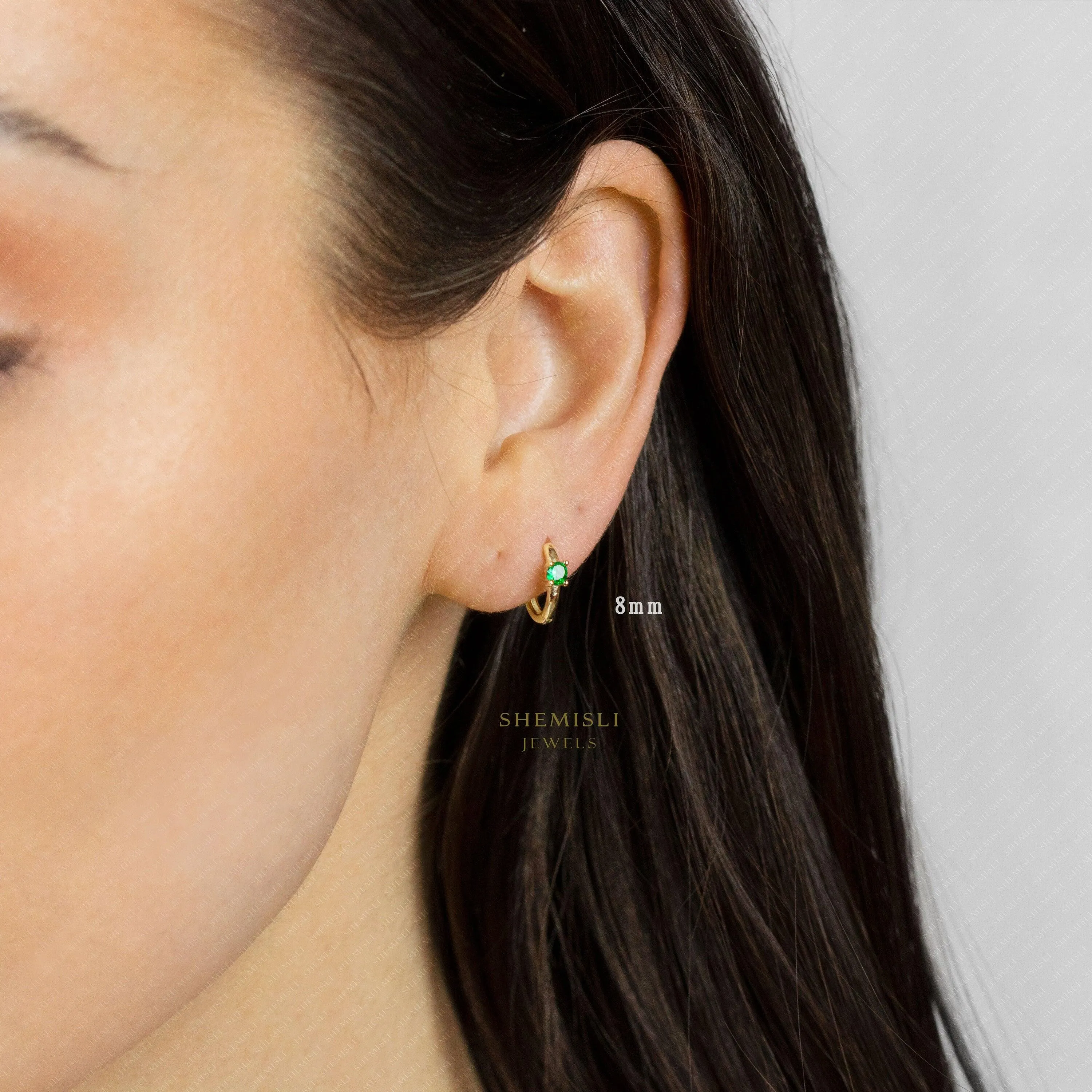 Tiny Emerald CZ Stone Helix Hoop Earrings, Gold, Silver SHEMISLI SH626, SH627, SH628, SH629