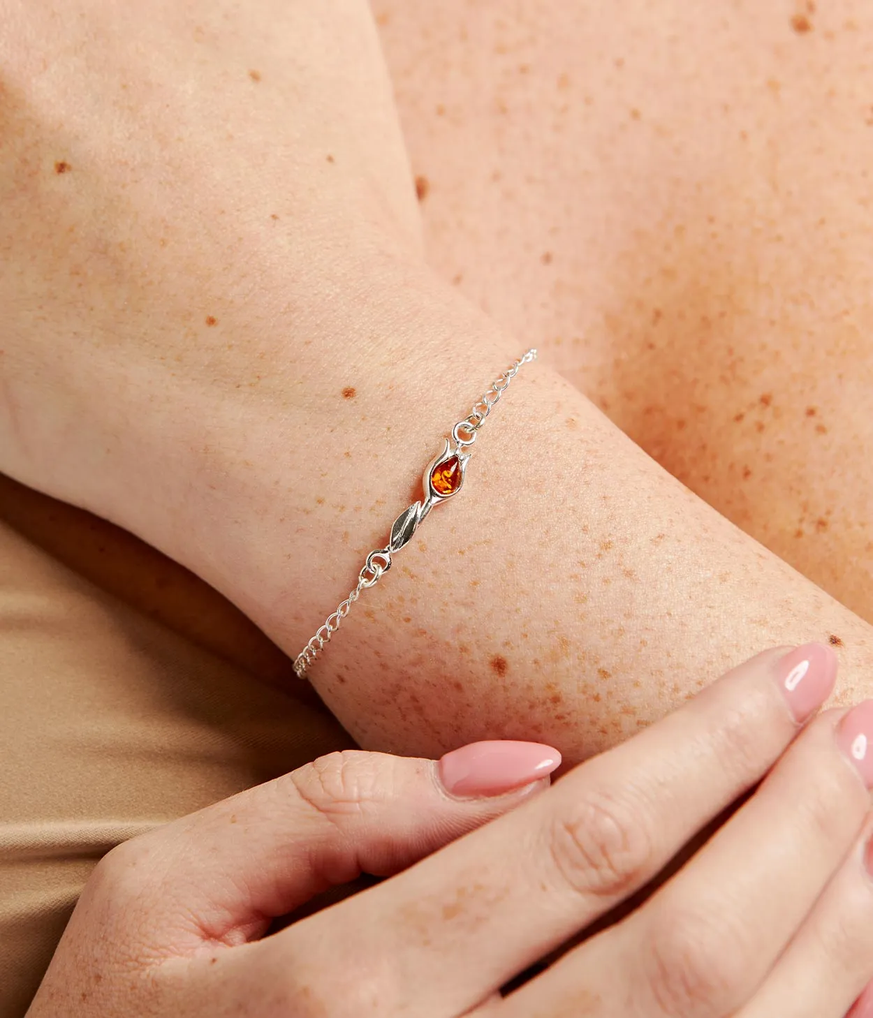 Tulip Amber Bracelet - Sterling Silver & Baltic Amber - Elegant Tulip Design Jewelry