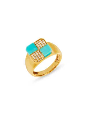 Turquoise Mini Damier Yellow Gold Signet Ring