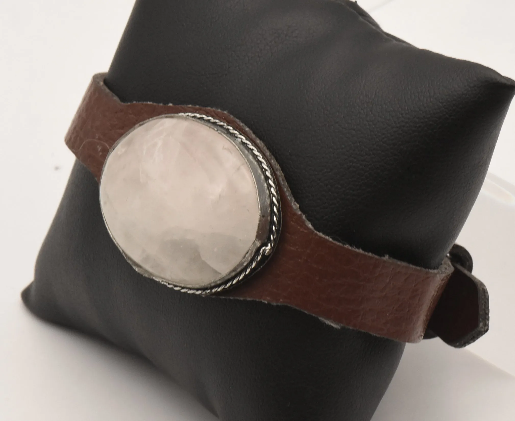 Vintage Quartz Cabochon Faux Leather Adjustable Band Bracelet