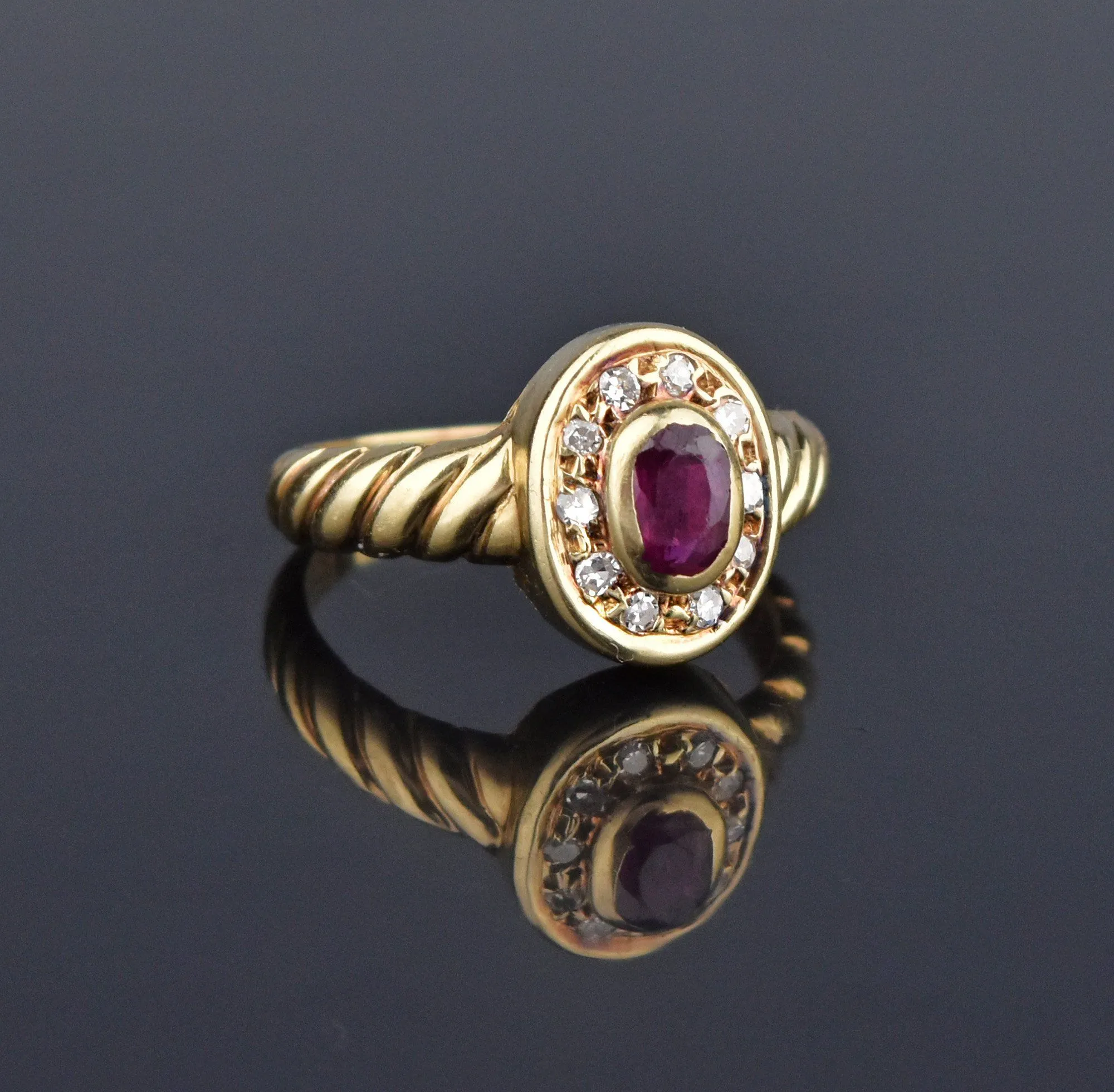 Vintage Ruby Diamond Halo 14K Gold Ring