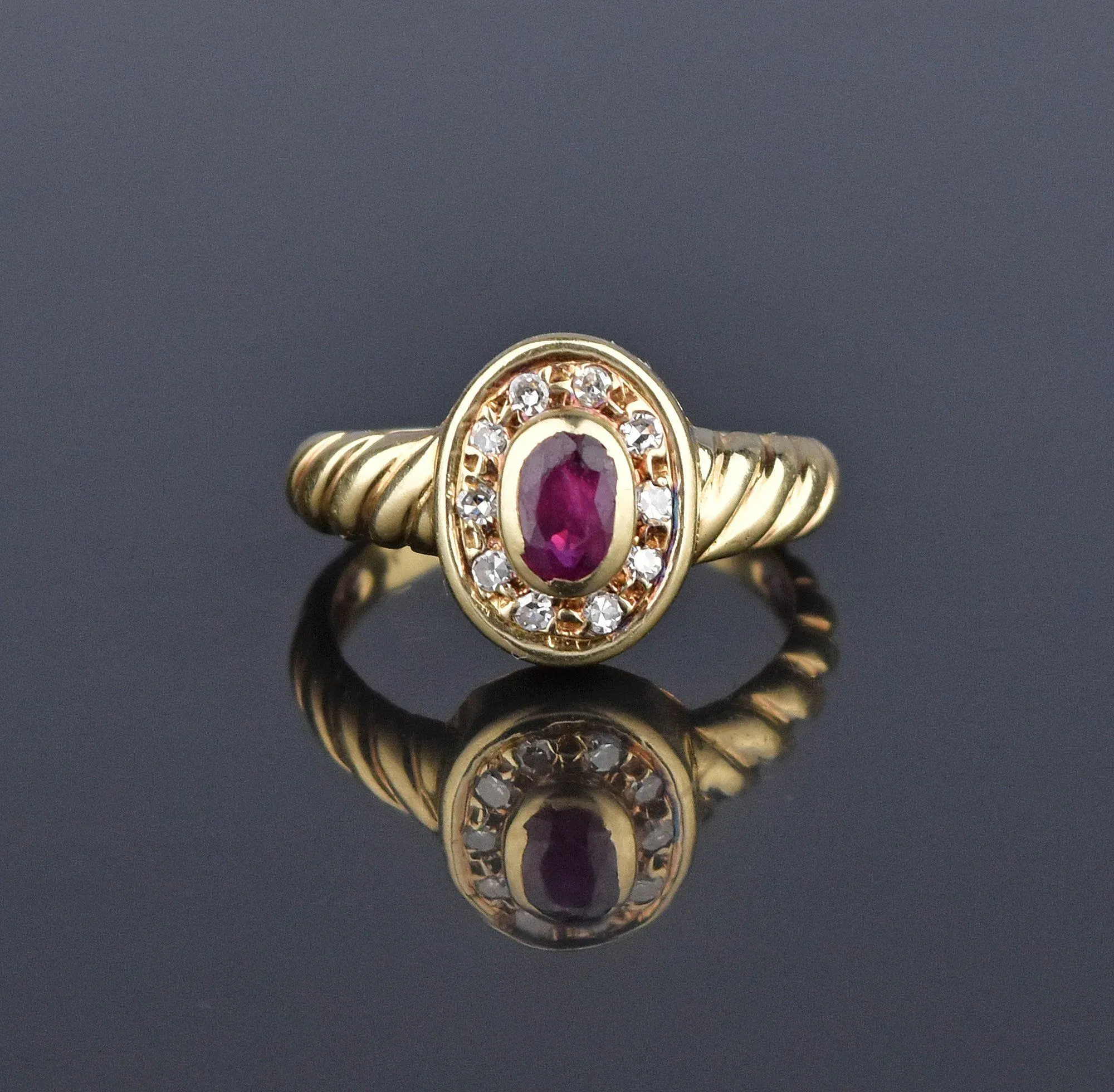 Vintage Ruby Diamond Halo 14K Gold Ring