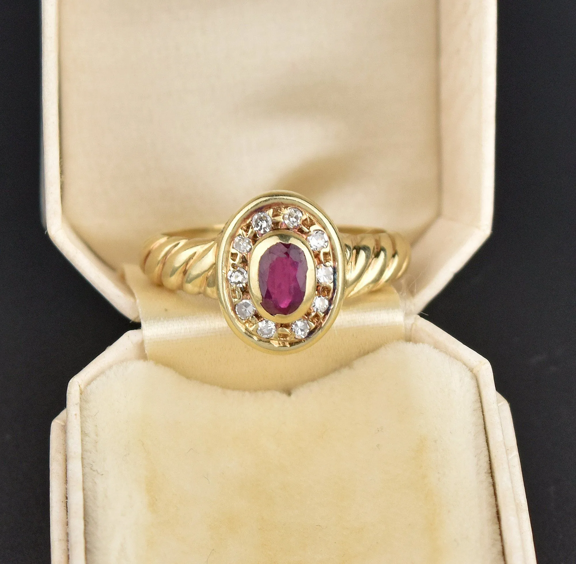 Vintage Ruby Diamond Halo 14K Gold Ring