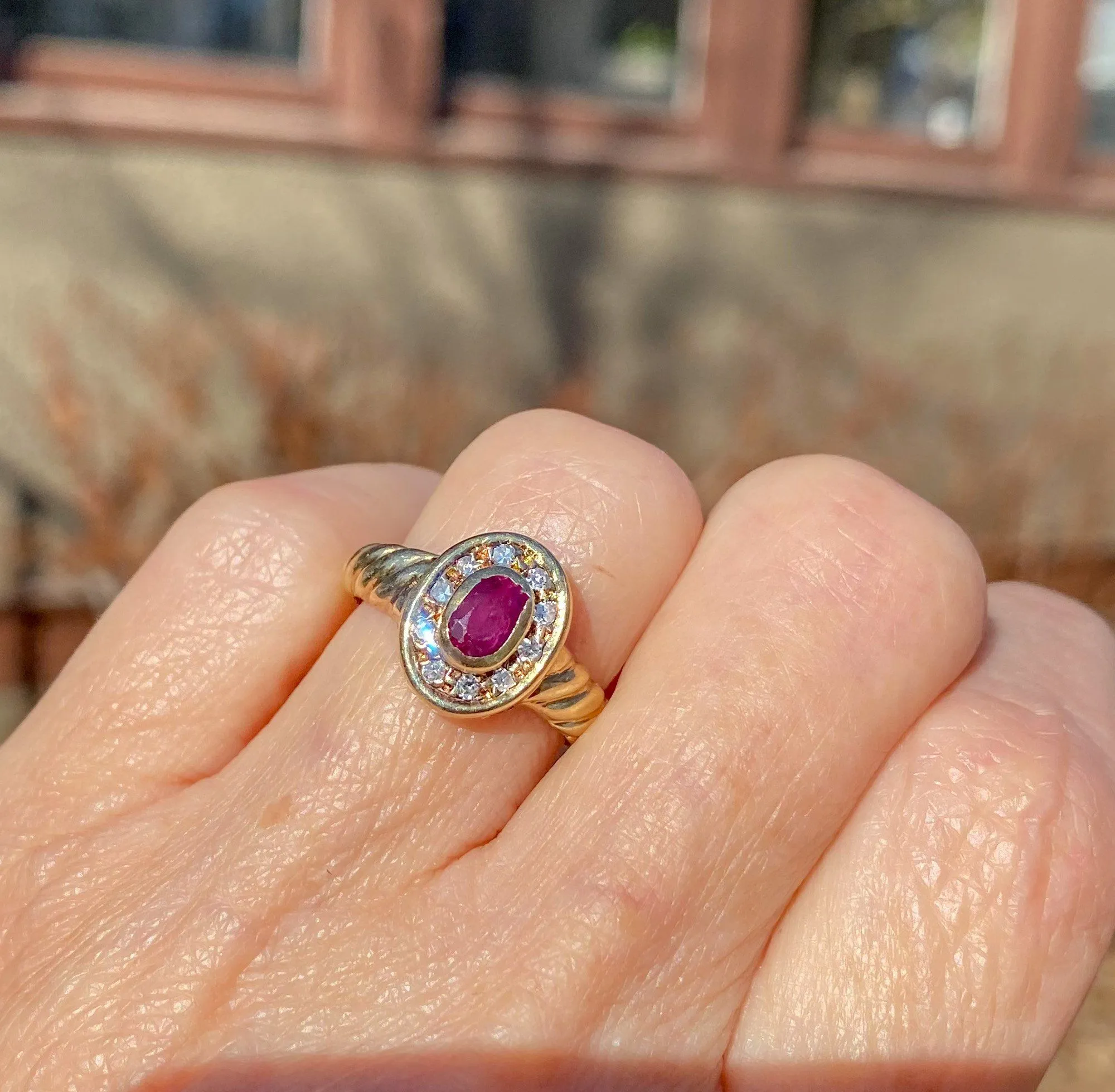 Vintage Ruby Diamond Halo 14K Gold Ring