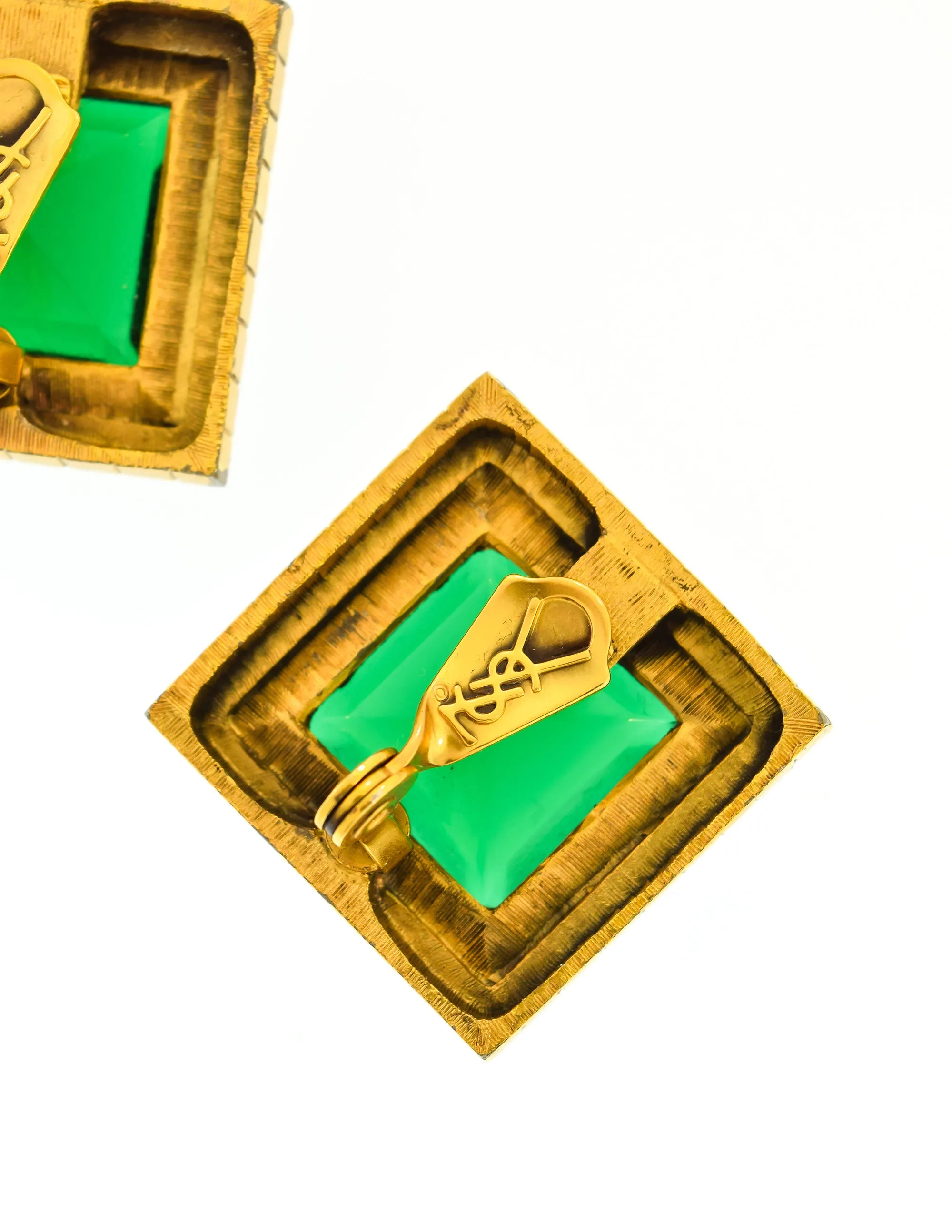 YSL Vintage Green Faceted Brass Pyramid Stud Frame Earrings